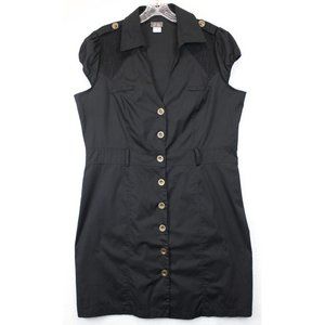Dots Sheath Dress Women 1 X Knee Length Button Front Black Collared Cap Sleeve